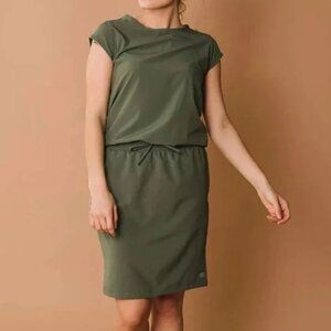 Albion Going Places Drawstring Dress Women Medium Green Cap Sleeve Pockets Nylon